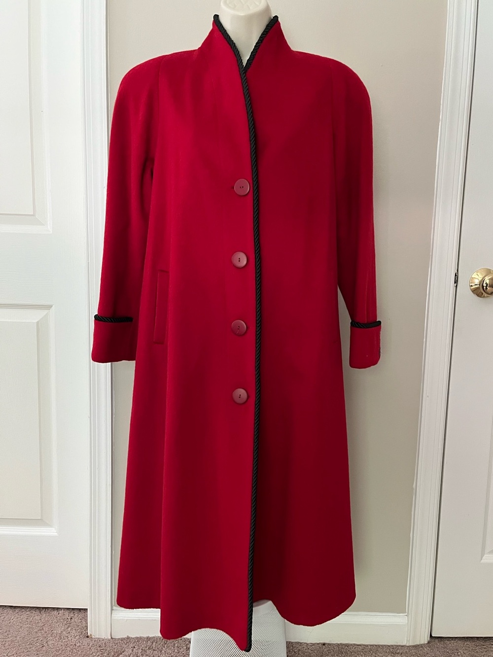 Mario De Pinto Vintage Red Long Wool Coat with Black Trim